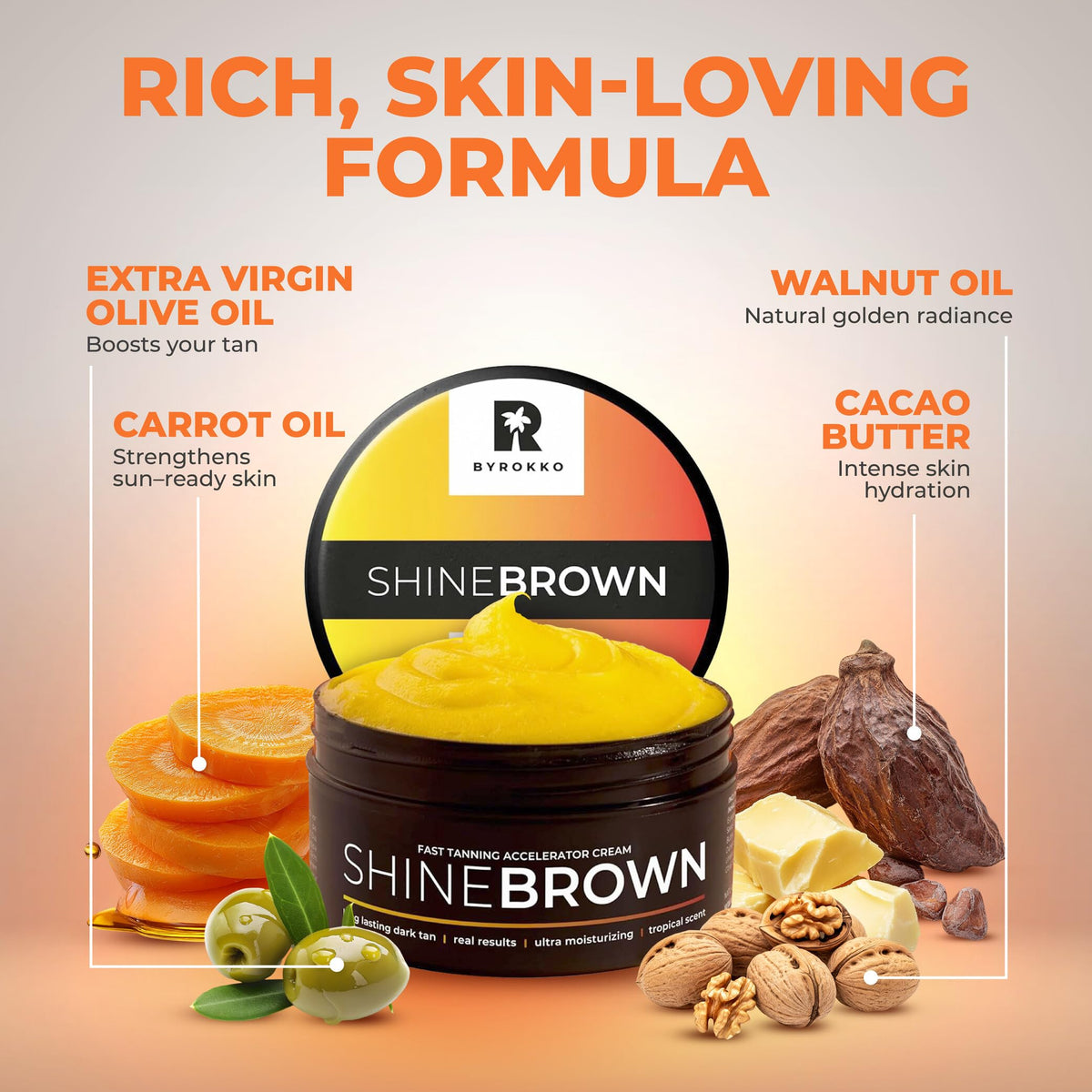 BYROKKO SHINEBROWN natural ingredient bottles illustrating nourishing oils