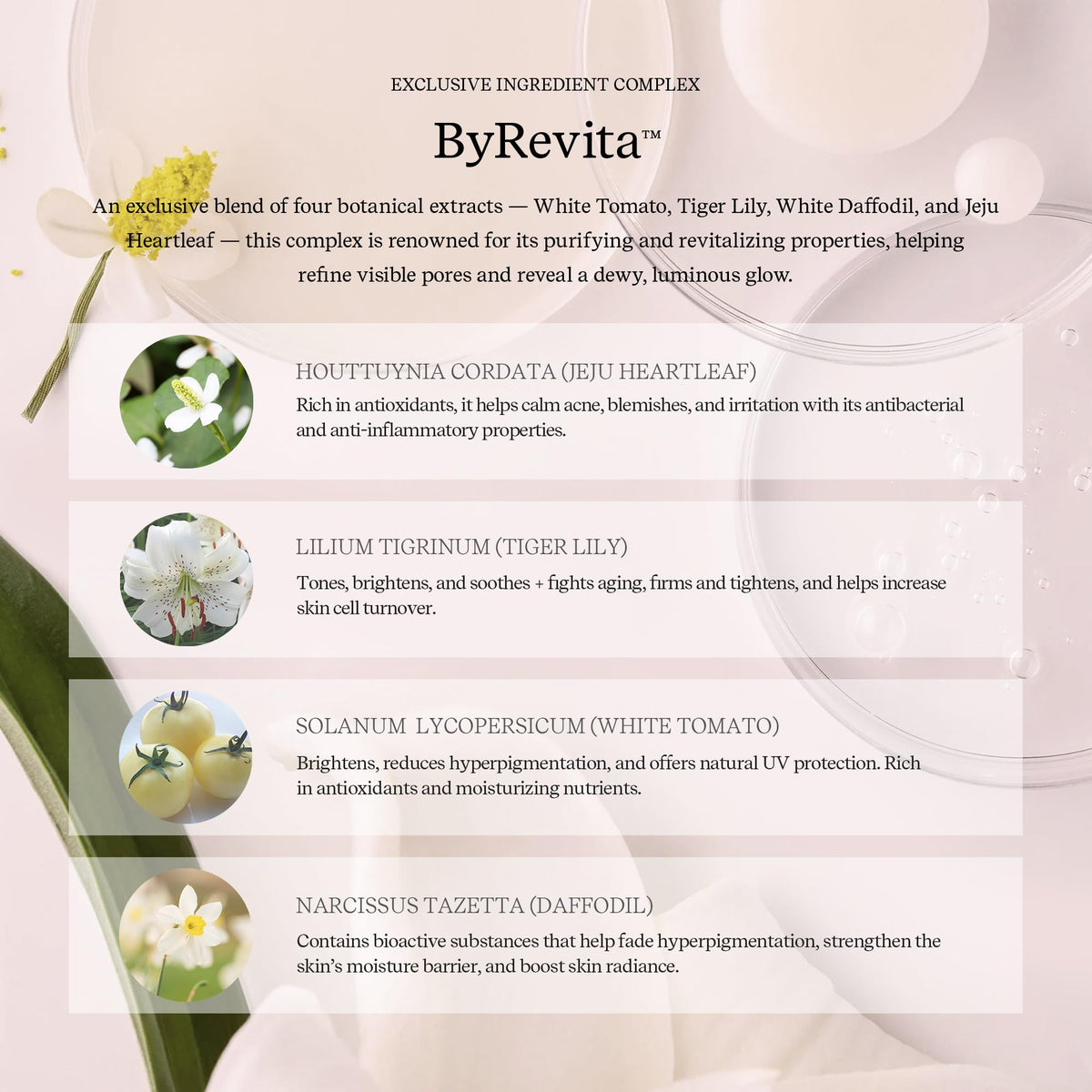 ByUR ingredients flatlay highlighting vitamin C niacinamide hyaluronic blend for brighter skin