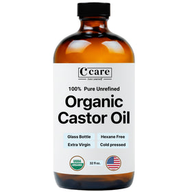 C CARE amber glass bottle front view showing organic castor oil benefits