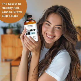 C CARE castor oil on bathroom vanity demonstrating everyday beauty routine use