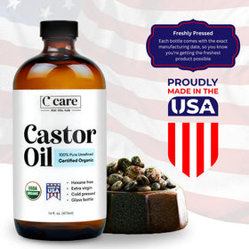 C CARE castor oil pouring closeup showing rich texture and purity