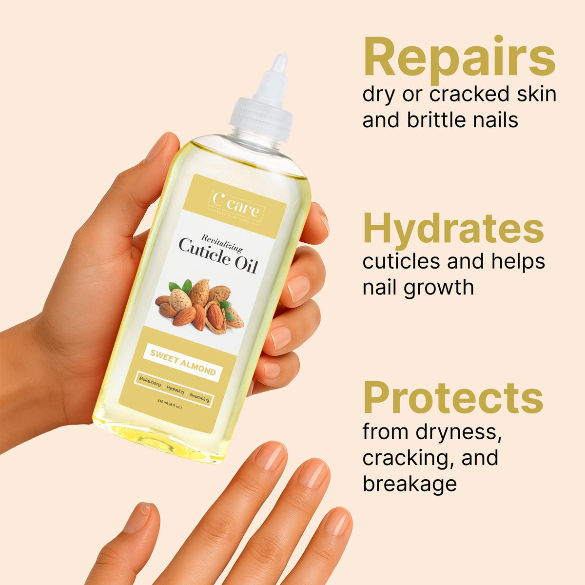 C CARE oil texture pouring into hand demonstrating lightweight absorption