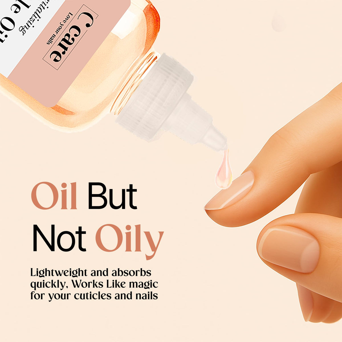 C CARE oil applied to cuticles on hand showing use benefit: strengthens and softens skin