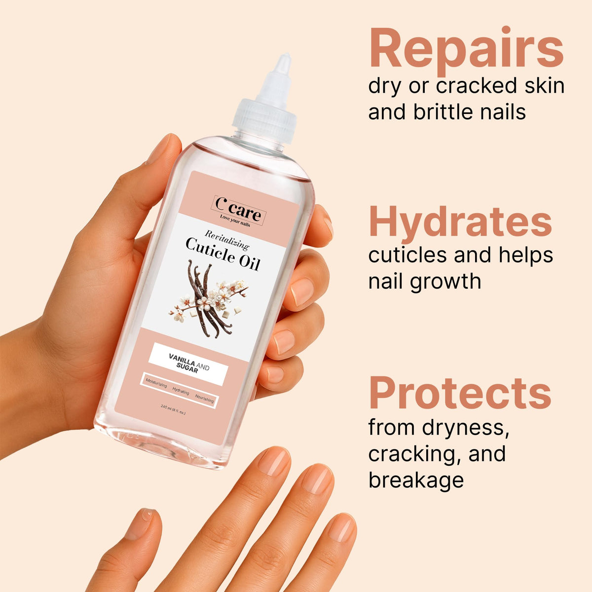 C CARE cold-pressed oils and vanilla beans highlighting natural ingredients benefit: nourishing hydration
