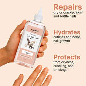 C CARE cold-pressed oils and vanilla beans highlighting natural ingredients benefit: nourishing hydration
