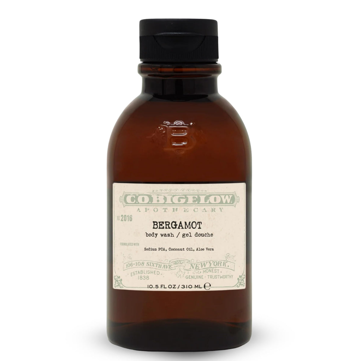 C. O. Bigelow front packaging showcasing bergamot body wash and size