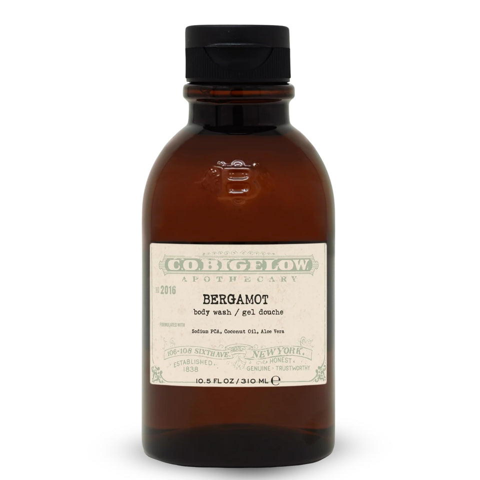C. O. Bigelow front packaging showcasing bergamot body wash and size