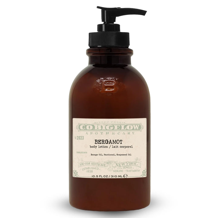 C. O. Bigelow front packaging showing bergamot lotion and easy identification