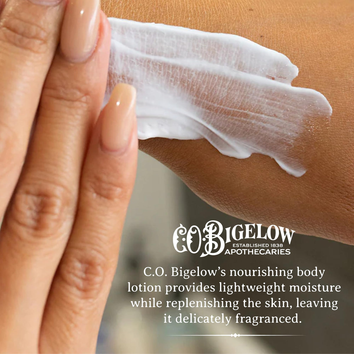 C. O. Bigelow lotion texture spread on skin showing lightweight absorption benefit