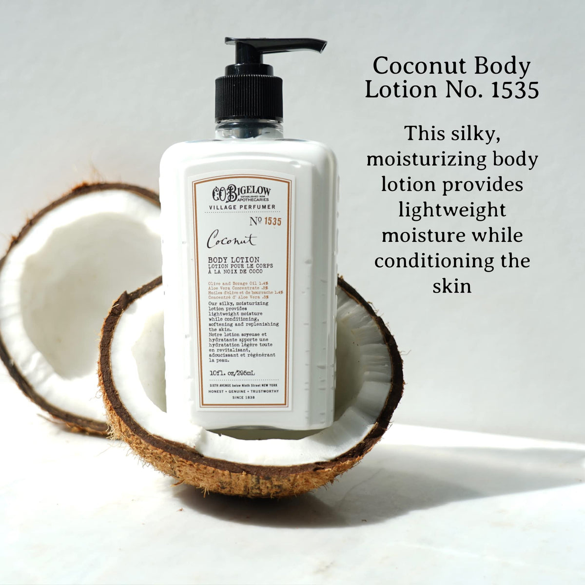C. O. Bigelow pump dispensing lotion highlighting quick, clean use