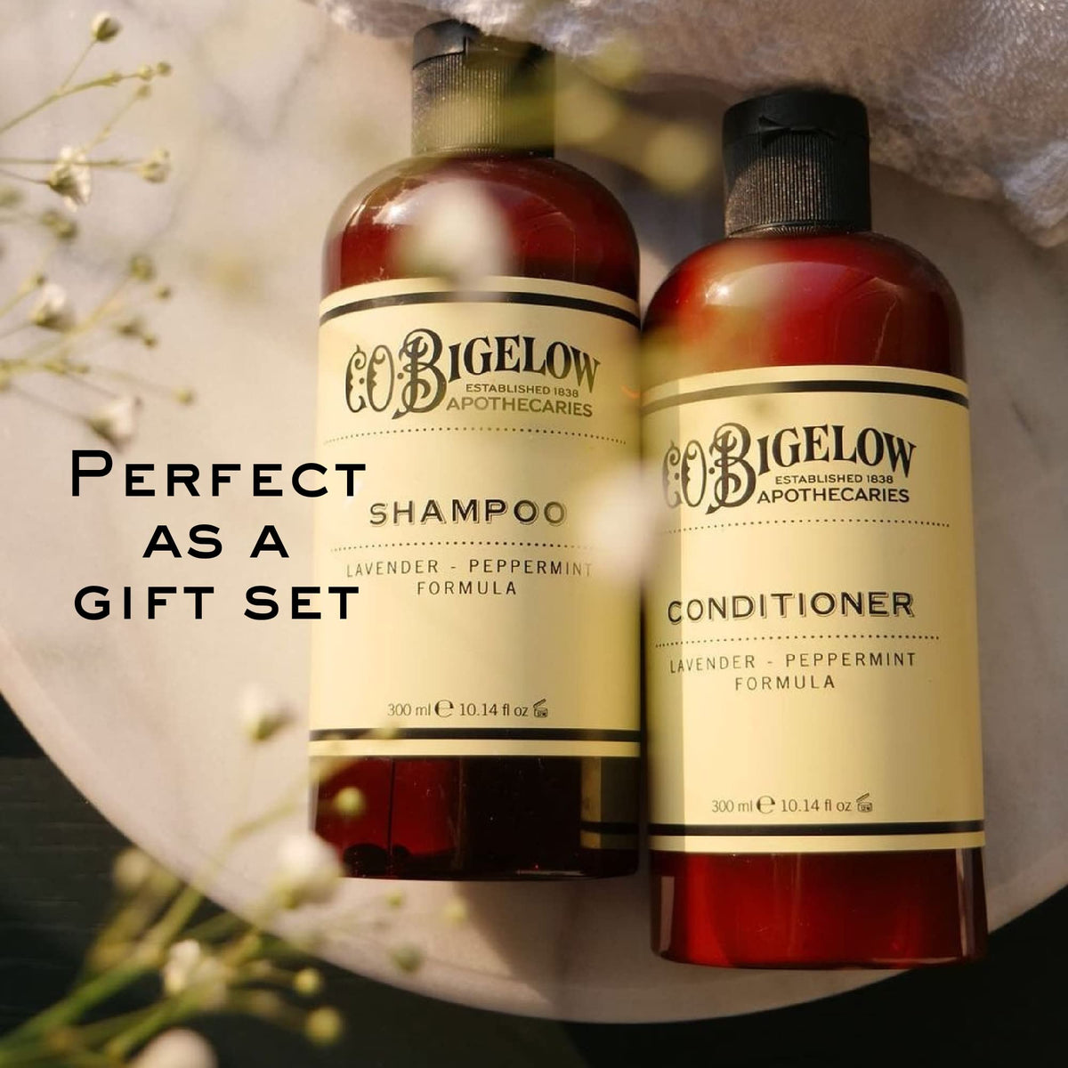 C. O. Bigelow conditioner placed on shower shelf showing everyday use convenience