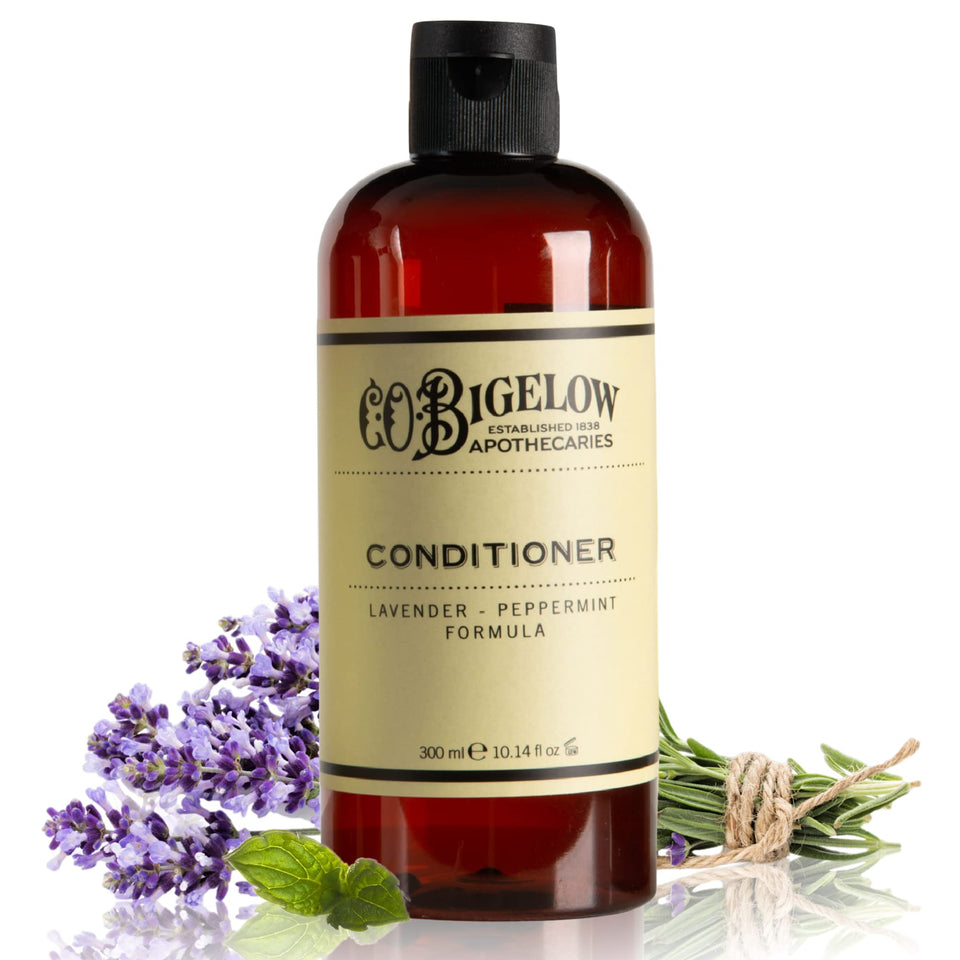 C. O. Bigelow front bottle showing lavender peppermint conditioner benefits