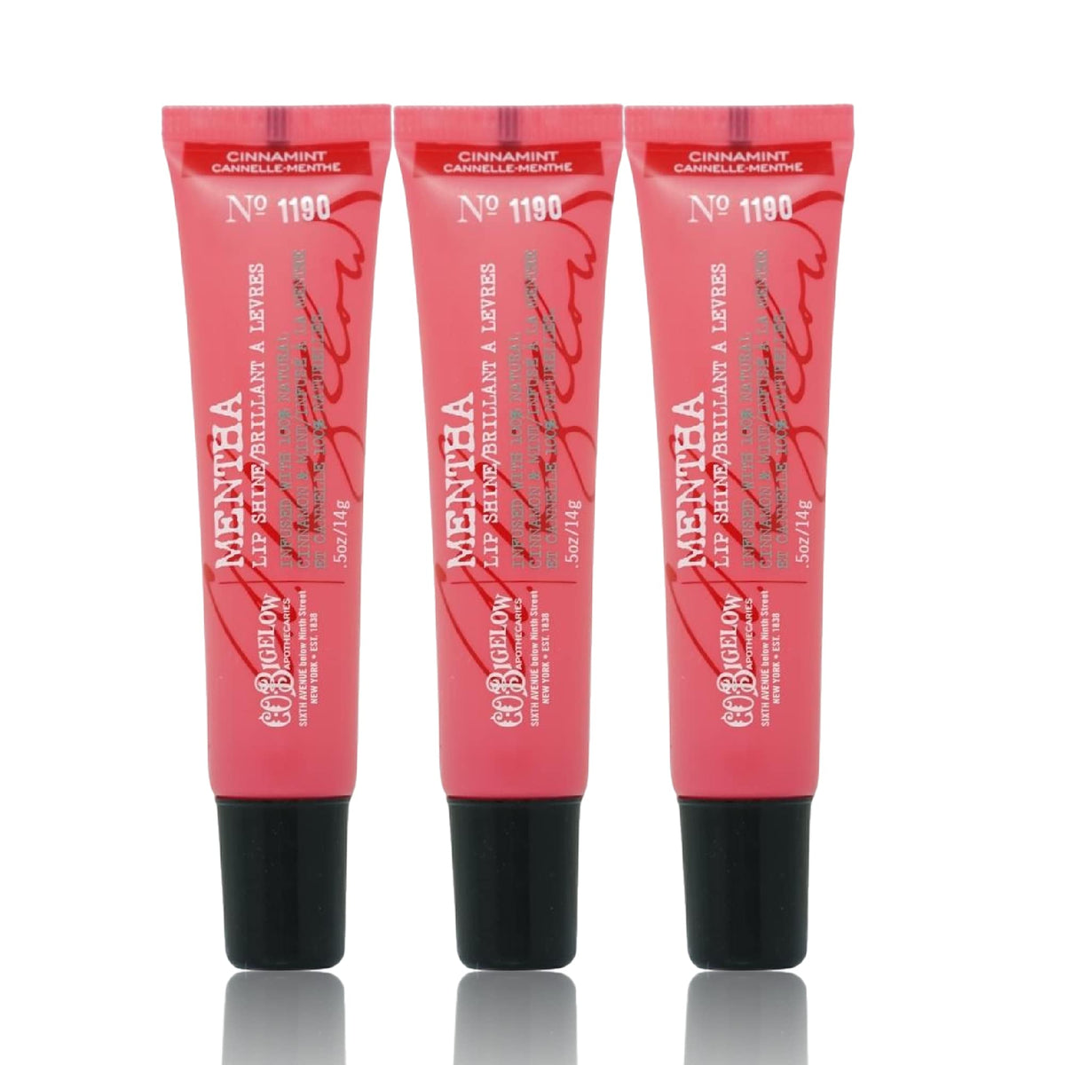 C. O. Bigelow front packaging showing three Cinnamint Lip Shine tubes and glossy finish