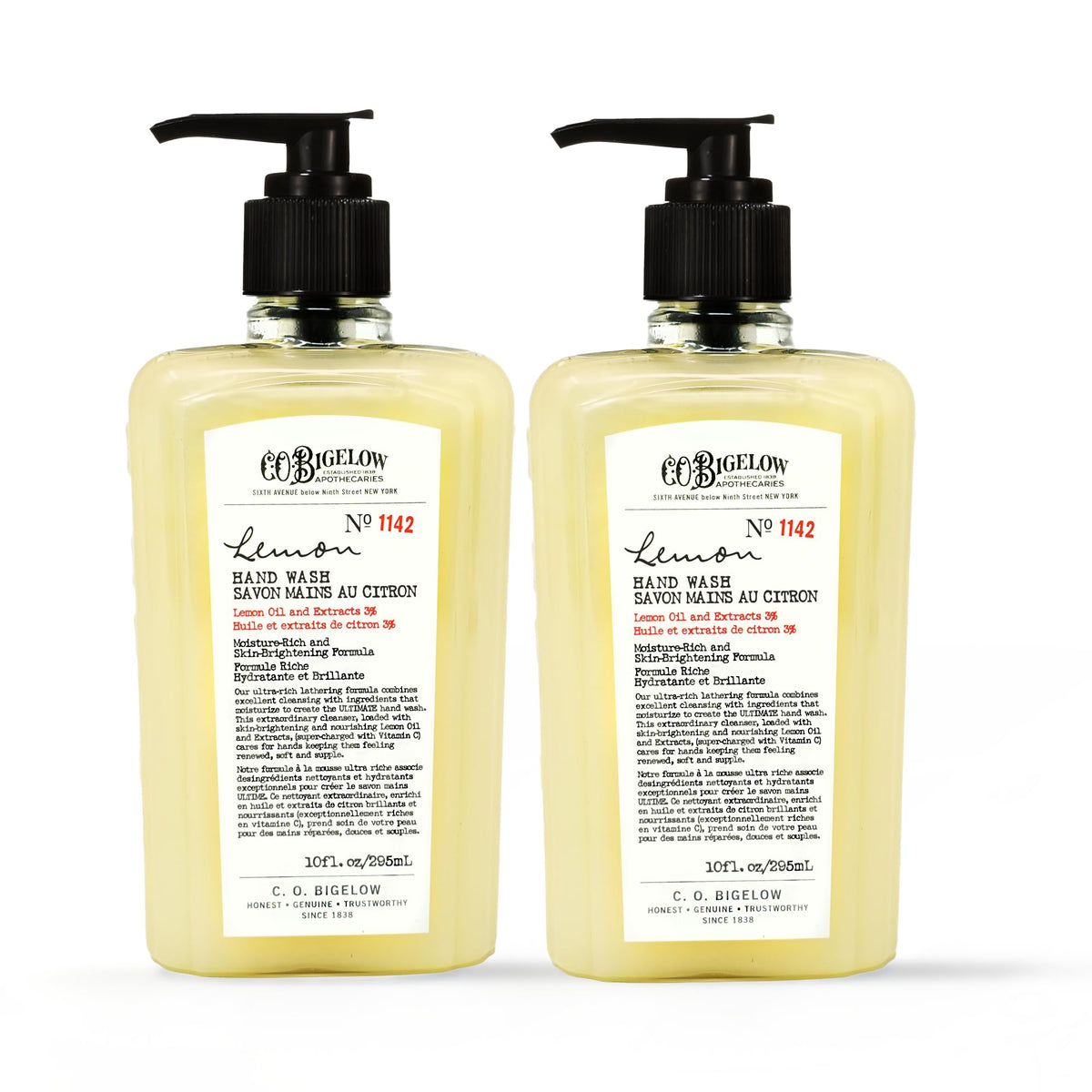 C. O. Bigelow front packaging showing two lemon hand wash bottles for hydration