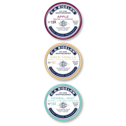 C. O. Bigelow front packaging showing three salve tins and scent labels