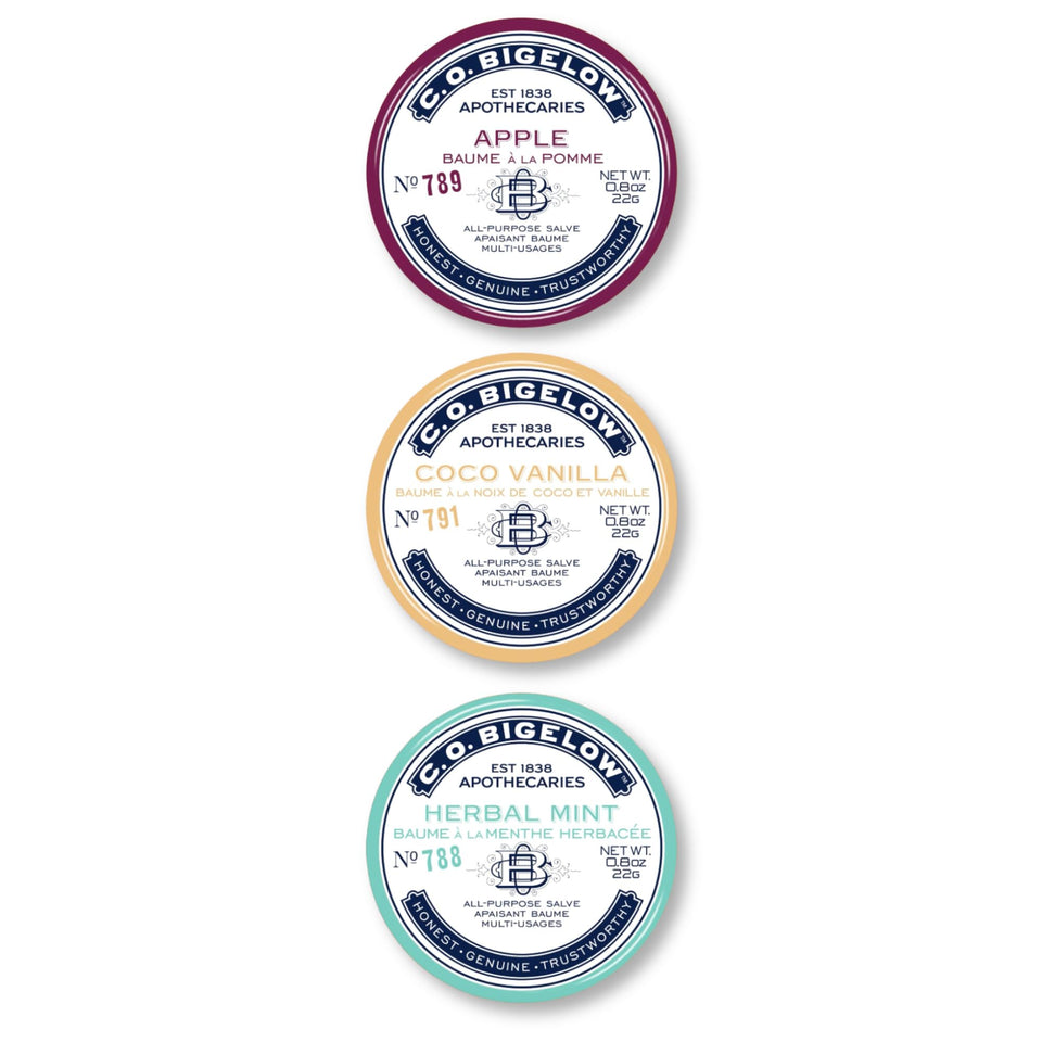 C. O. Bigelow front packaging showing three salve tins and scent labels