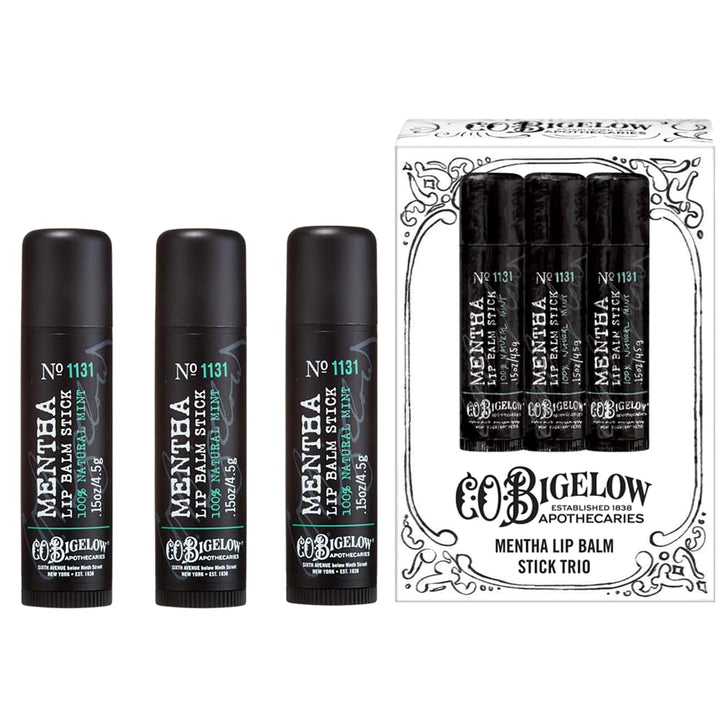 C. O. Bigelow front packaging showing three mint lip balm sticks for daily hydration