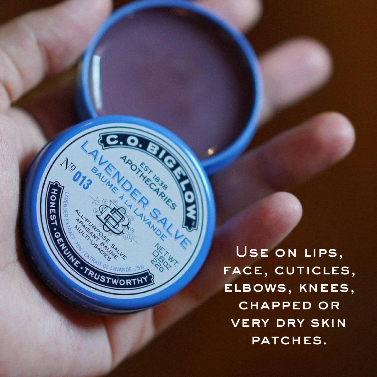 C. O. Bigelow close-up of salve texture highlighting creamy finish for non-greasy hydration