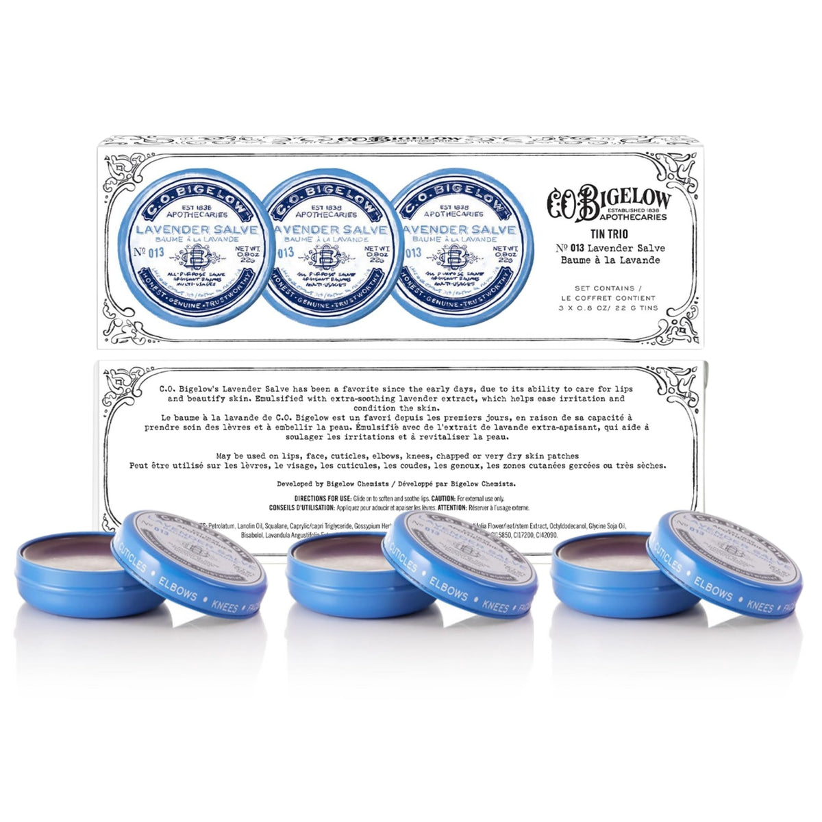 C. O. Bigelow open lavender salve tin revealing smooth balm for quick fingertip application