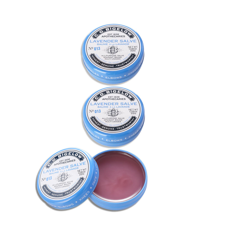 C. O. Bigelow front packaging of three lavender salve tins showing compact set and portability