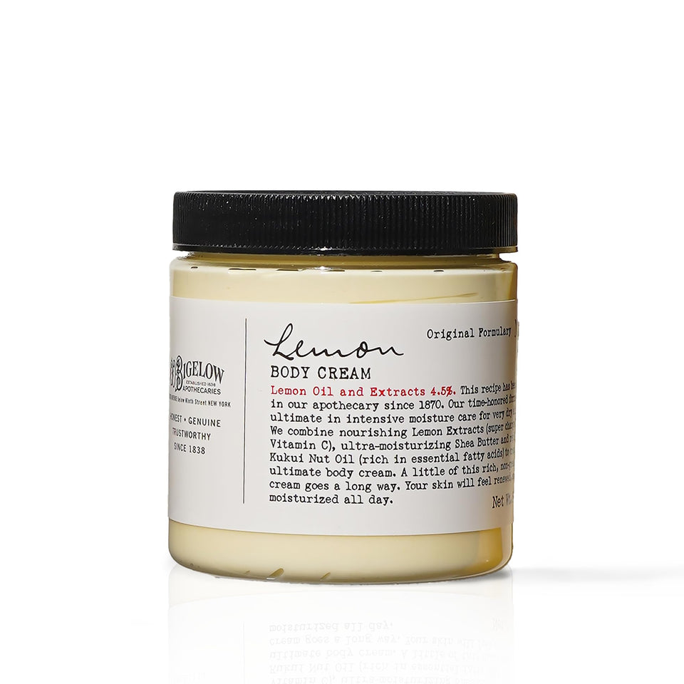 C. O. Bigelow front jar view showing lemon cream and brand benefit