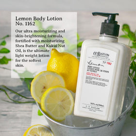 C. O. Bigelow lemon body lotion bottle showing pump and hydration benefits