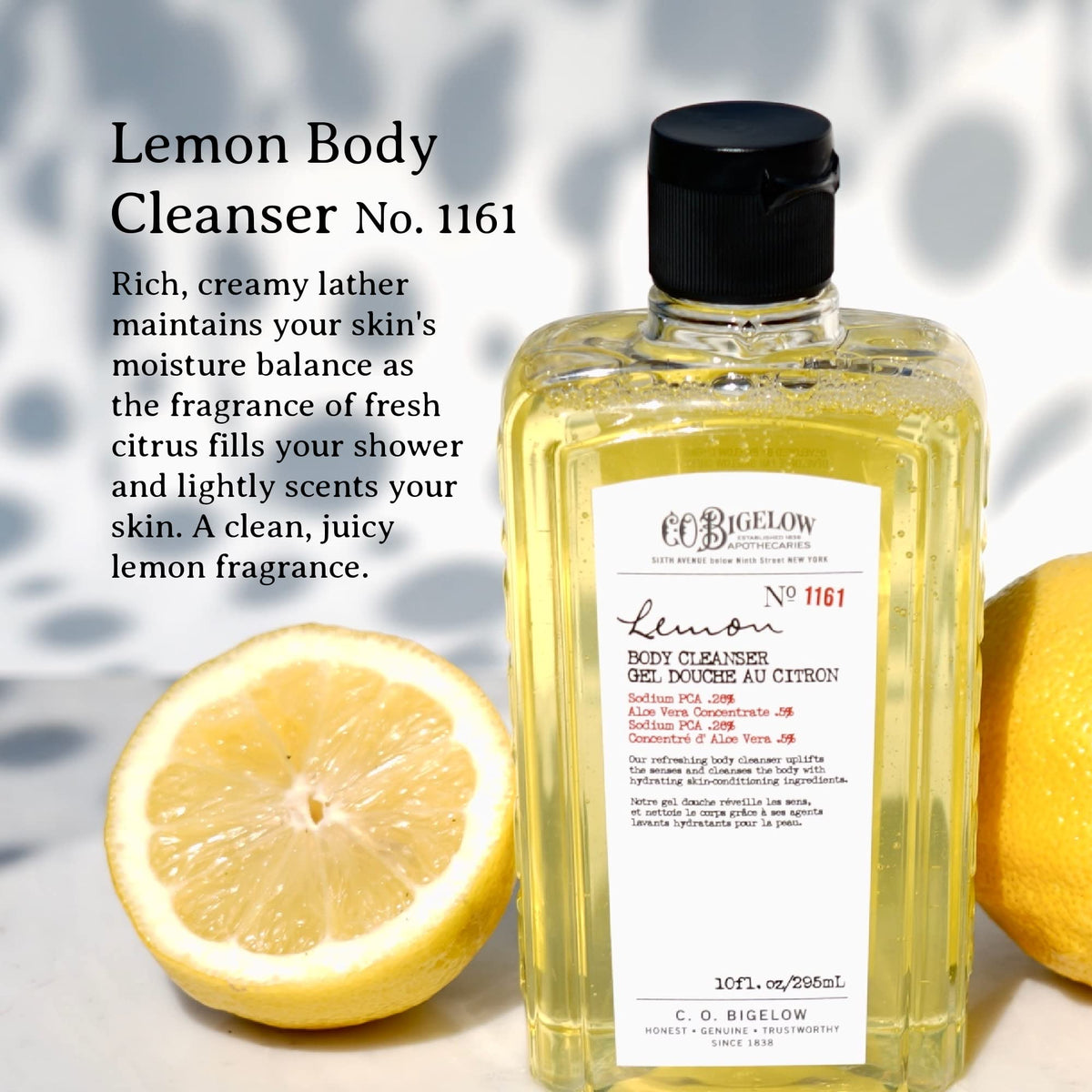 C. O. Bigelow lemon body lotion texture being poured, shows creamy fast-absorbing moisture