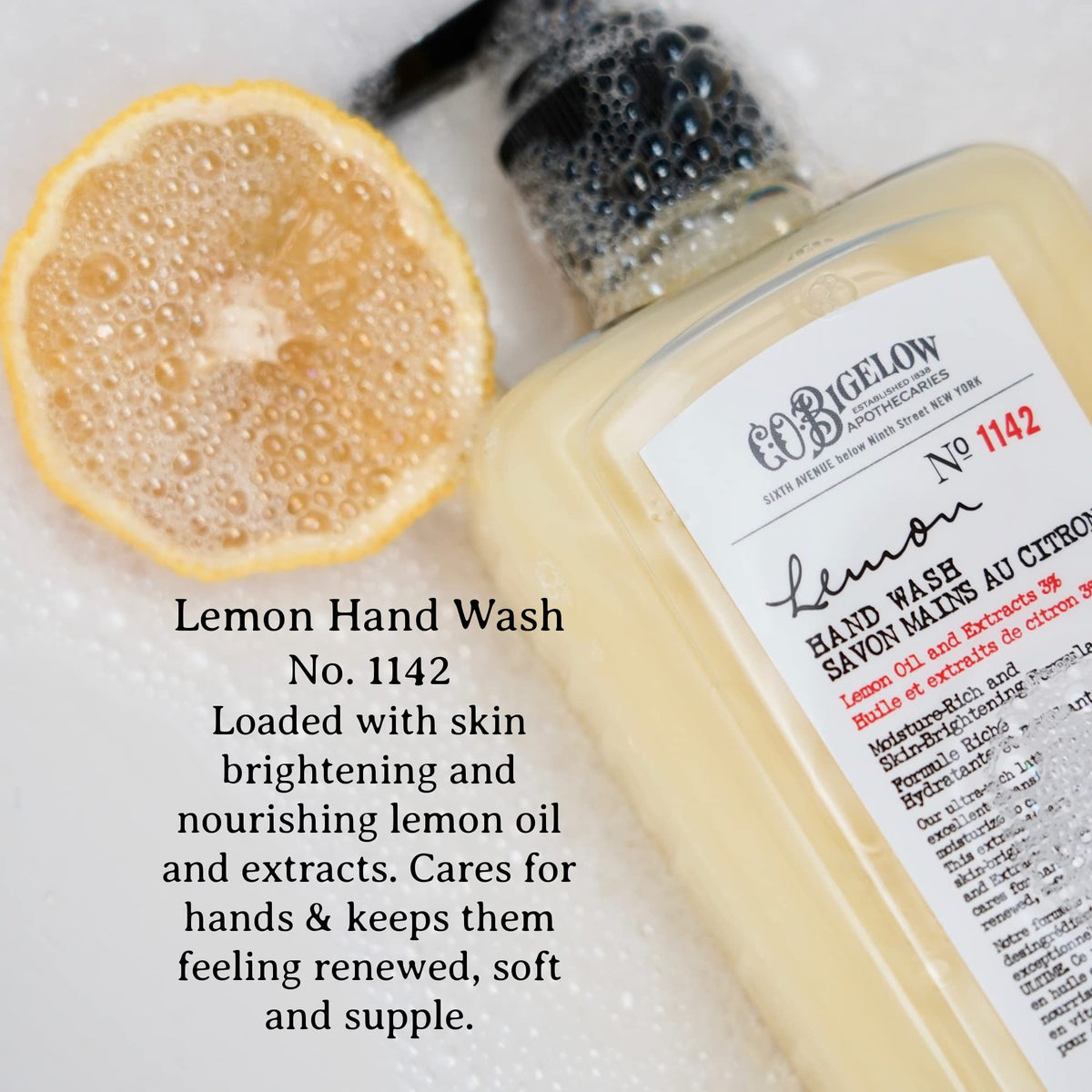 C. O. Bigelow lemon hand soap bottle front label highlighting citrus freshness