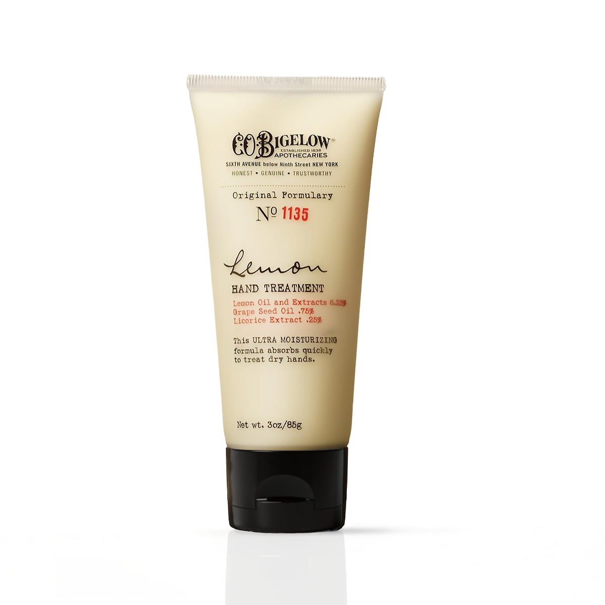 C. O. Bigelow front tube view shows lemon hand treatment for daily hydration