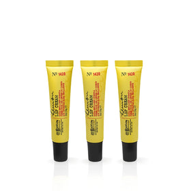 C. O. Bigelow front view of three lemon lip cream tubes showing packaging and convenience