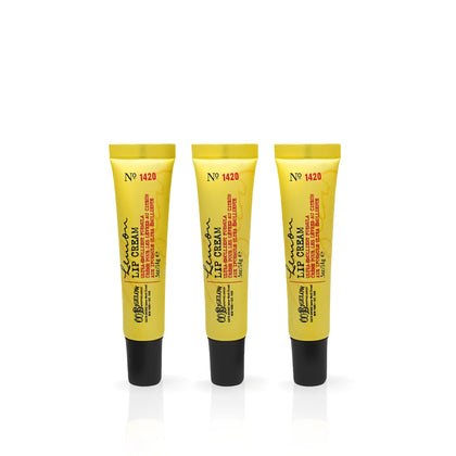 C. O. Bigelow front view of three lemon lip cream tubes showing packaging and convenience