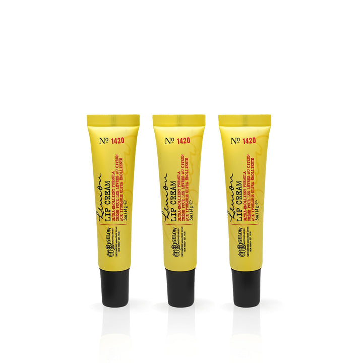 C. O. Bigelow front view of three lemon lip cream tubes showing packaging and convenience