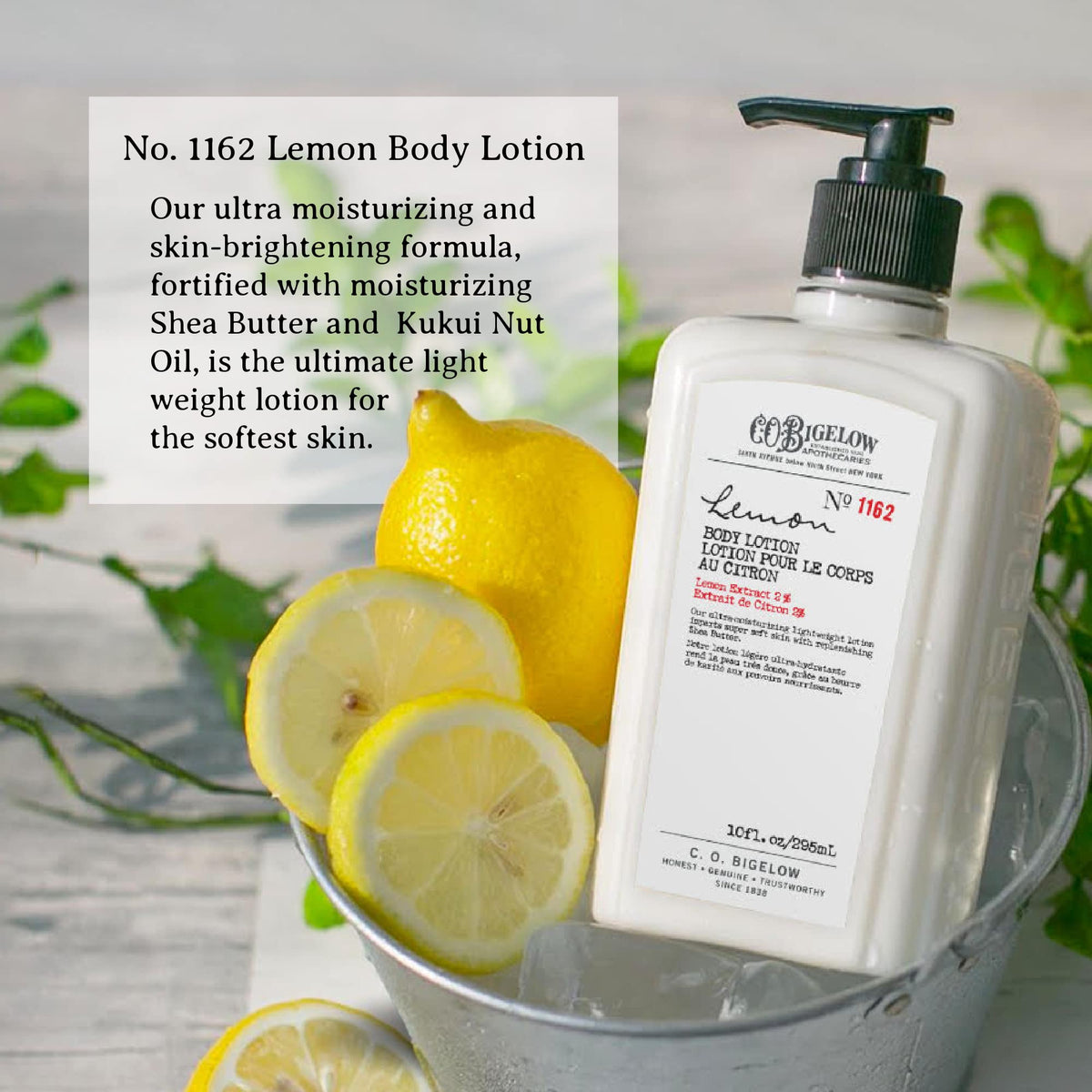 C. O. Bigelow lotion pump with creamy texture for fast absorption