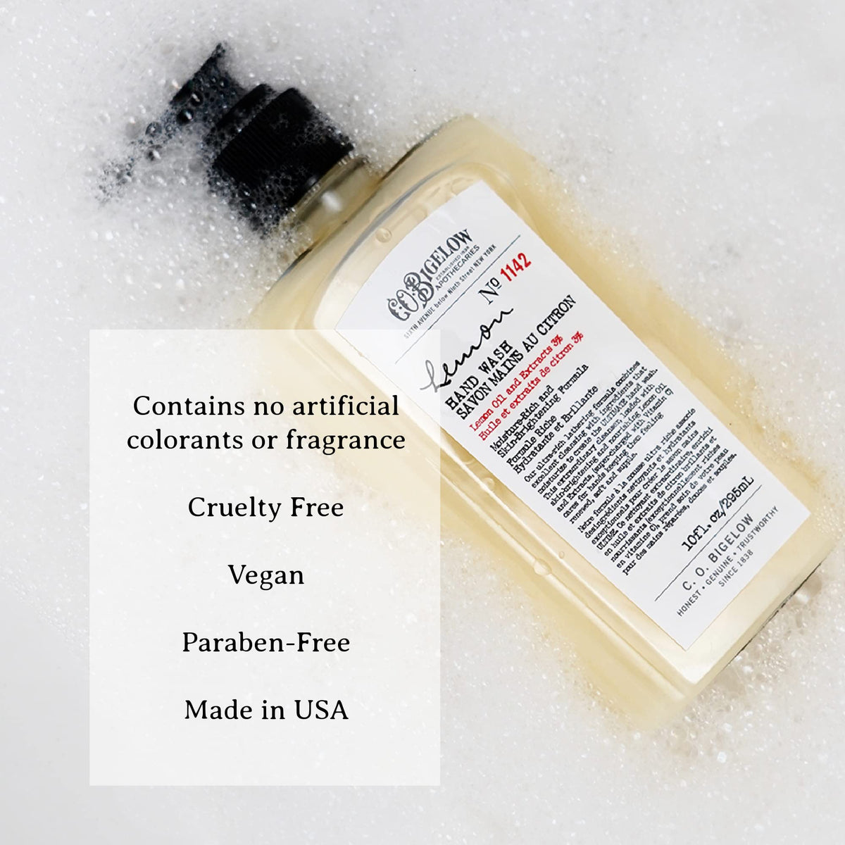 C. O. Bigelow lotion on hand showing quick-absorb hydration without greasiness