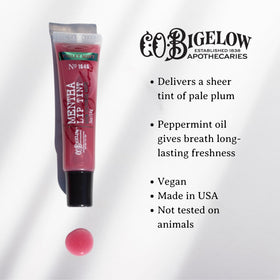 C.O. Bigelow close-up on lips displaying minty gloss and luminous shine benefit