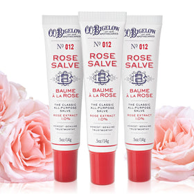 C.O. Bigelow front packaging showing three rose salve tubes, easy grab-and-go hydration