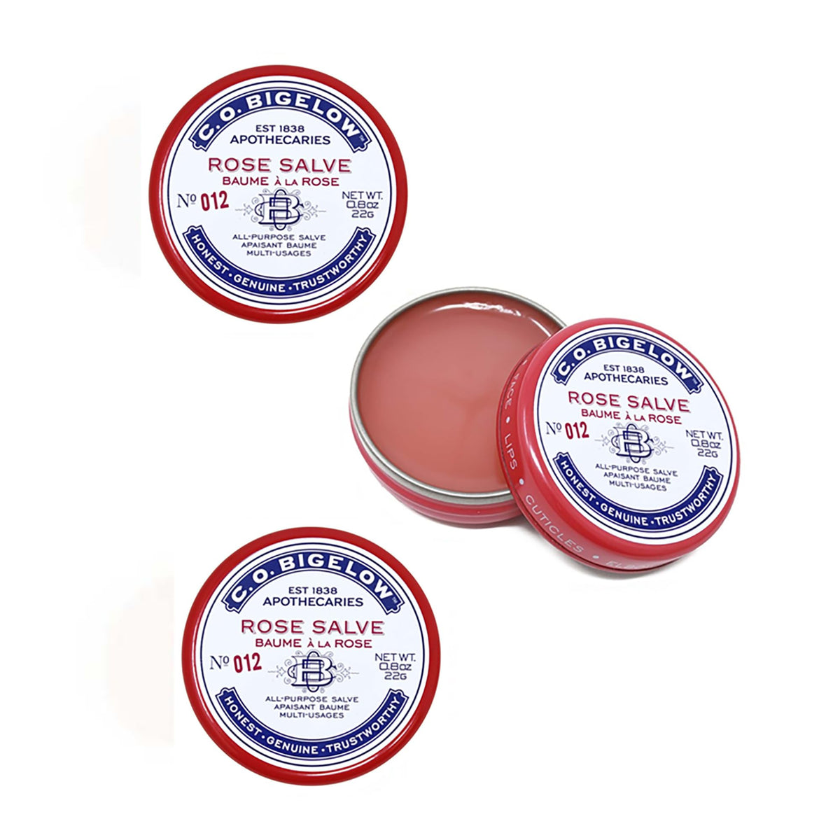 C. O. Bigelow front view of three rose salve tins showing packaging and portability benefit