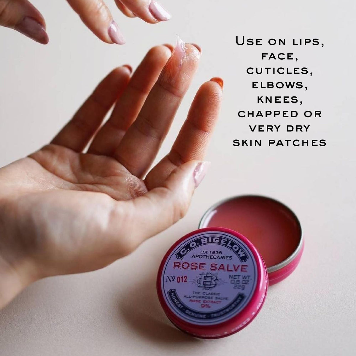 C. O. Bigelow ingredient label close-up highlighting natural oils and rose extract benefits