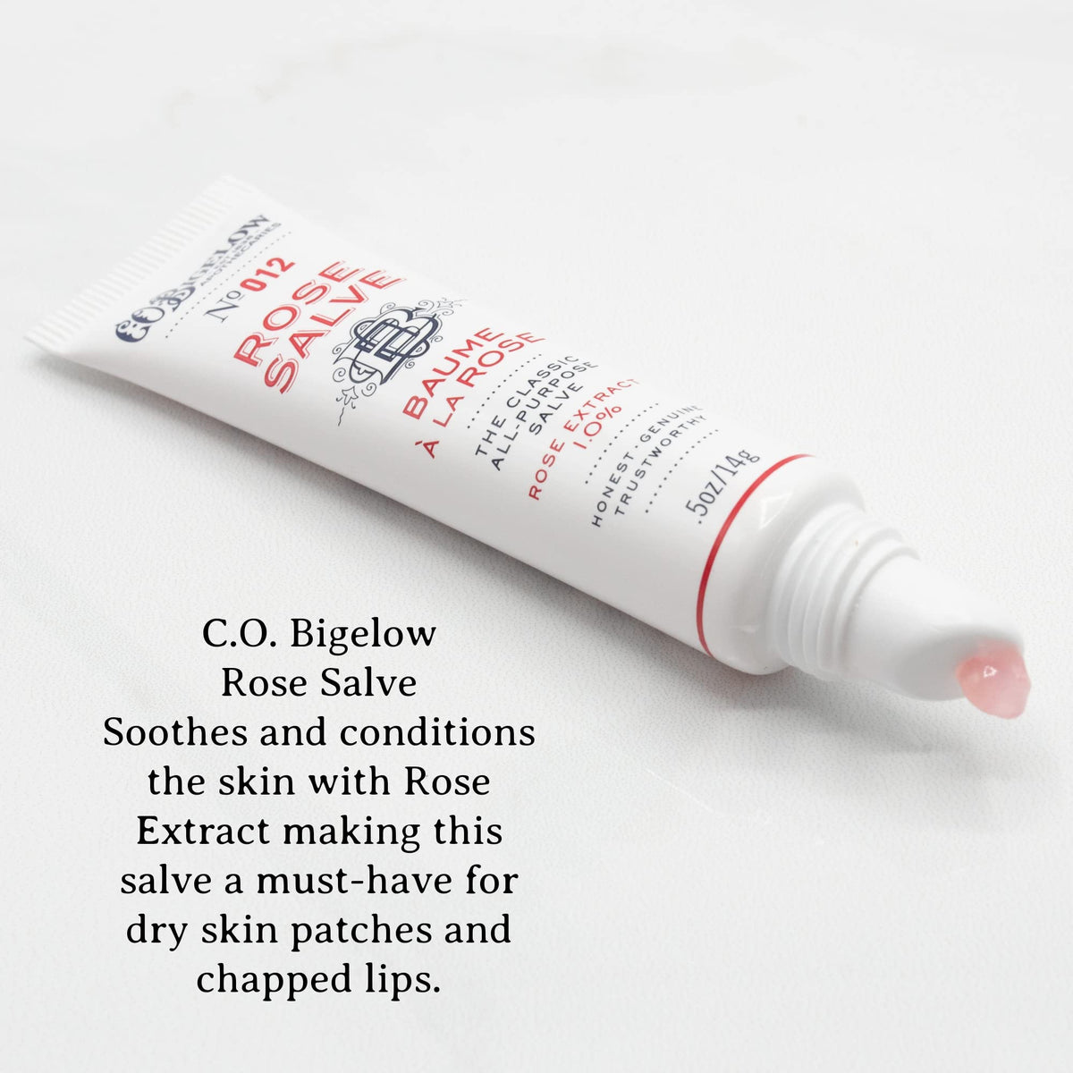 C.O. Bigelow open tube with exposed balm, clear view of applicator for precise use