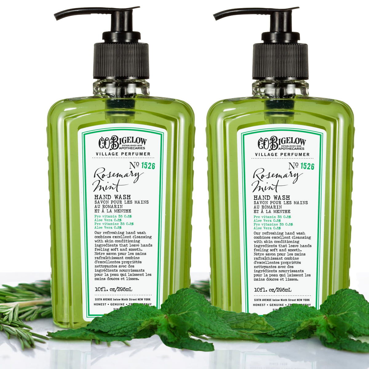 C. O. Bigelow front packaging showing dual 10 fl oz bottles and rosemary mint label, fresh scent
