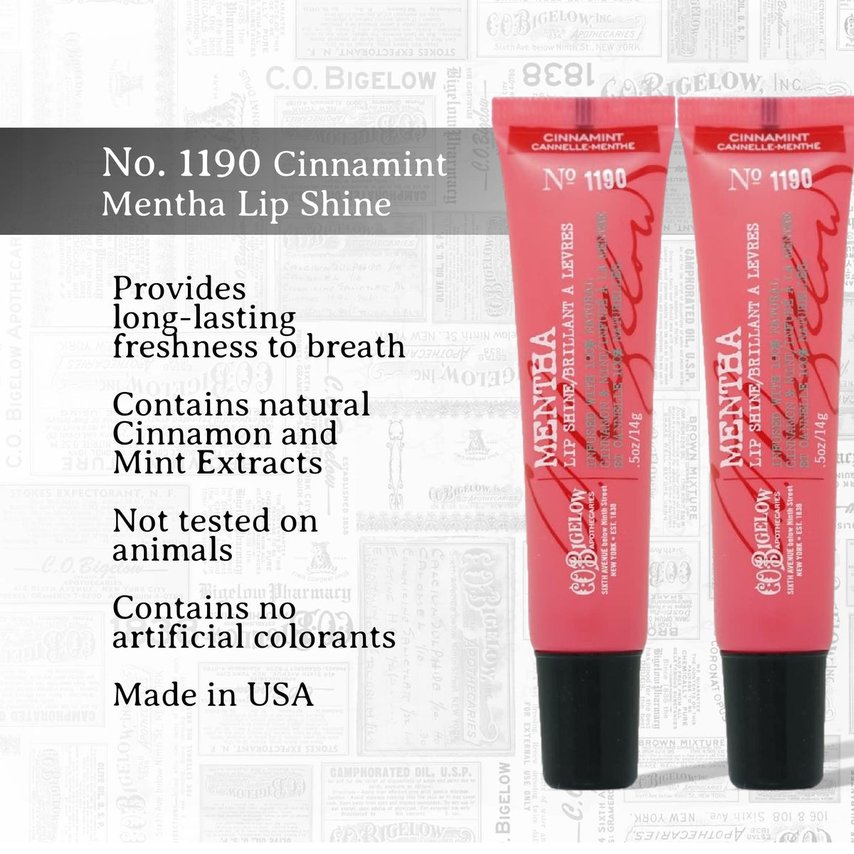 C. O. Bigelow bead of clear lip gloss on fingertip showing smooth, non-sticky texture