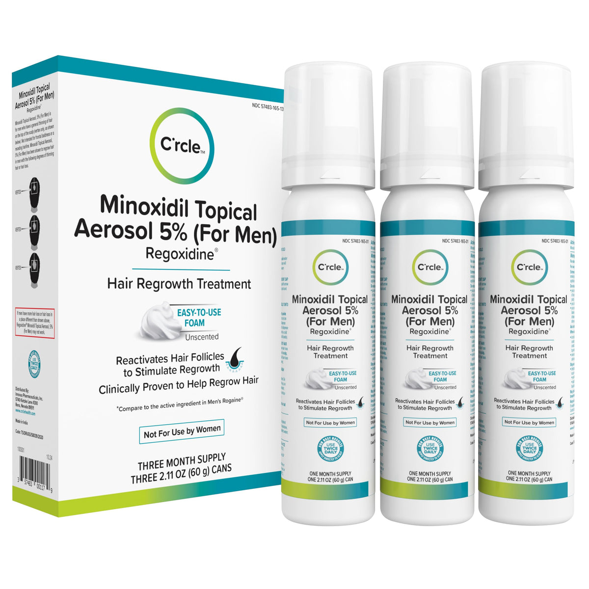 C'rcle front packaging of unscented 5% minoxidil foam showing product design and benefit