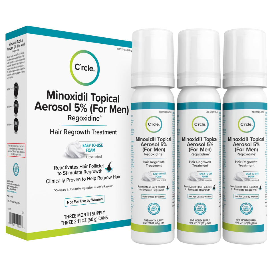 C'rcle front packaging of unscented 5% minoxidil foam showing product design and benefit