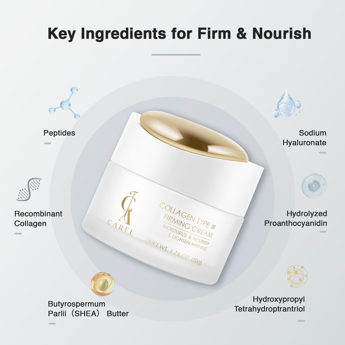 CA CAREL cream magnified showing peptides and collagen for firmer-looking skin