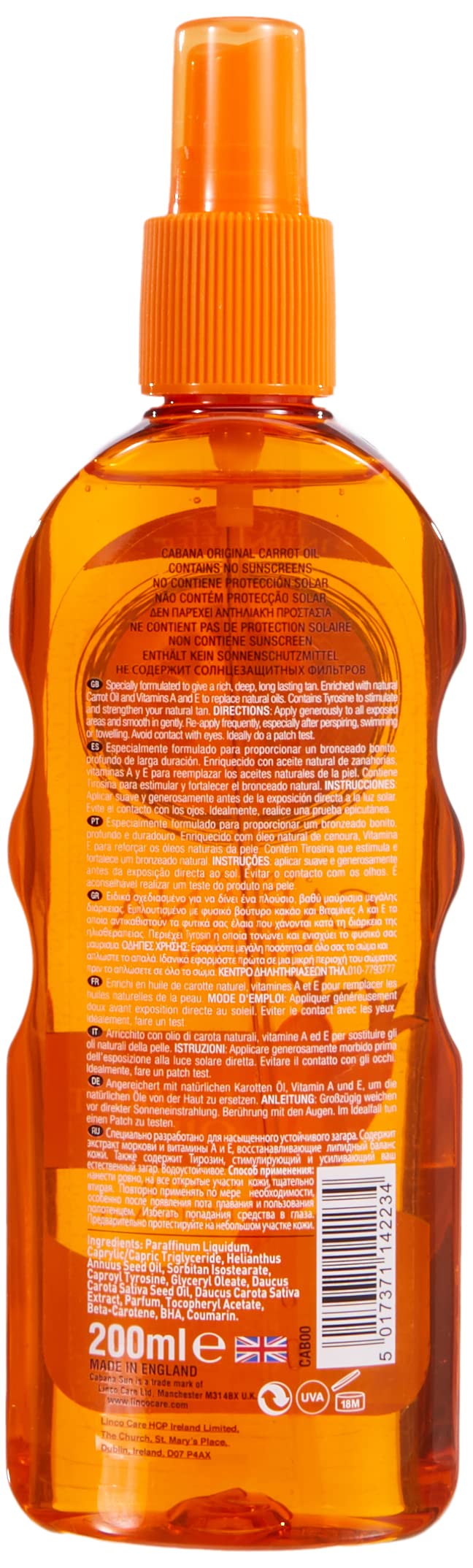 Cabana Sun spray nozzle and oil texture close-up for easy application benefit