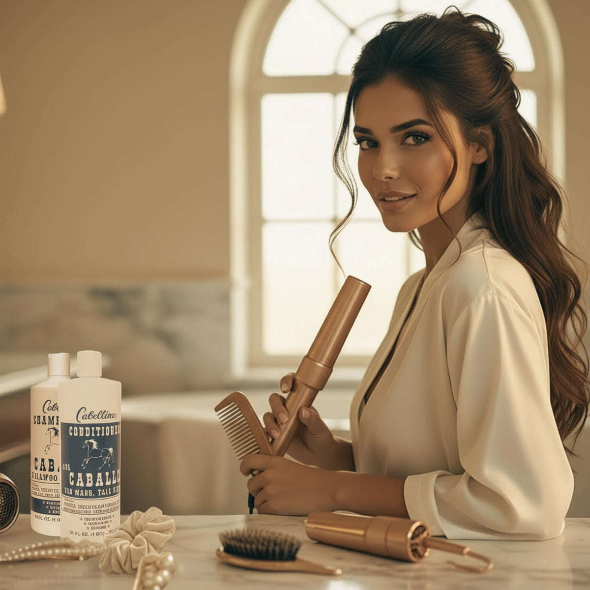 Cabellina bottles styled in bathroom offering a professional look