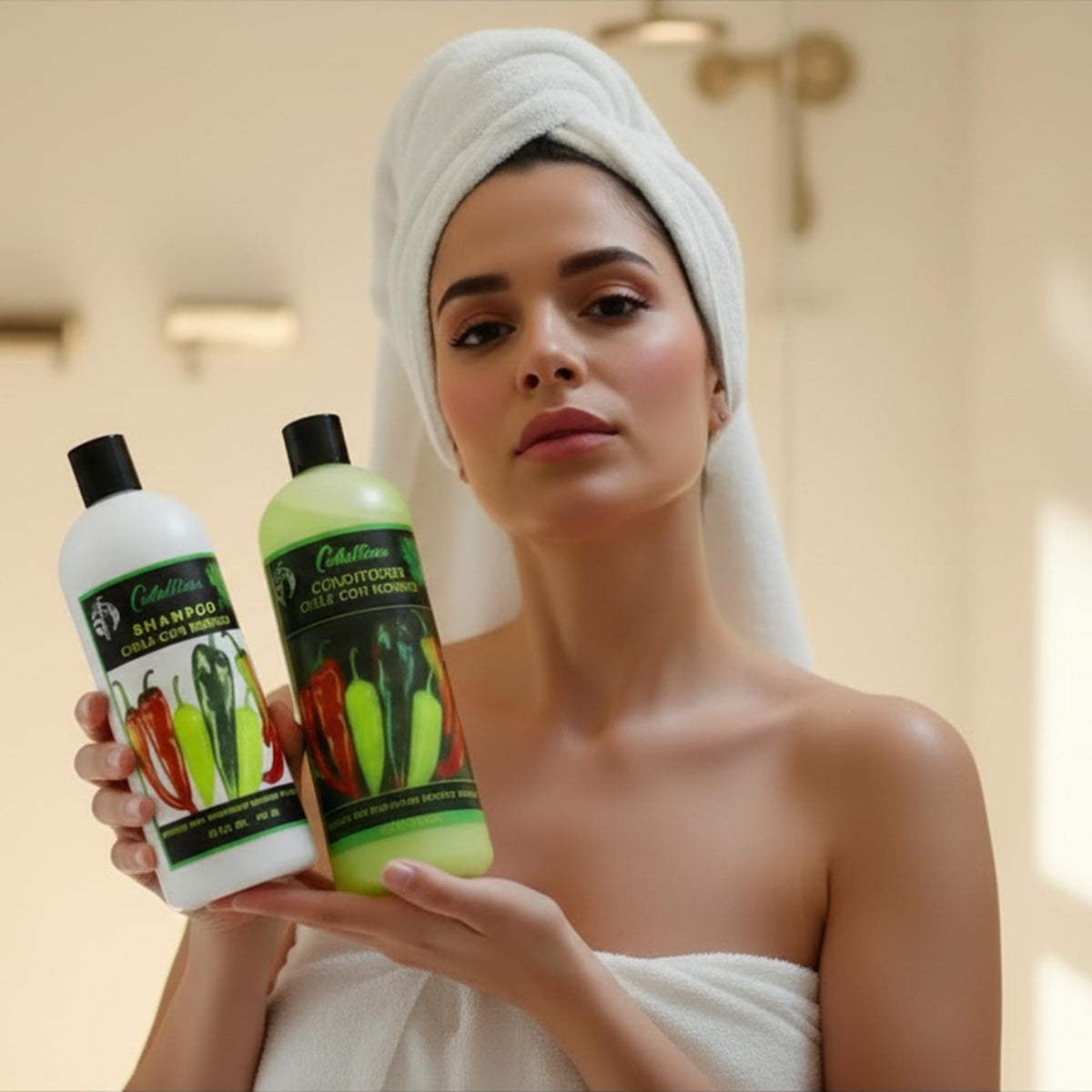 Cabellina conditioner pouring onto hand showing creamy texture for detangling benefit
