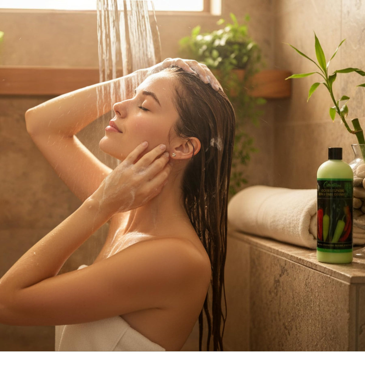 Cabellina shampoo lather close-up demonstrating gentle cleansing and rich foam