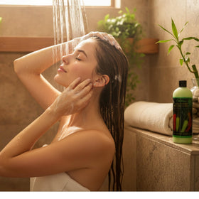 Cabellina shampoo lather close-up demonstrating gentle cleansing and rich foam