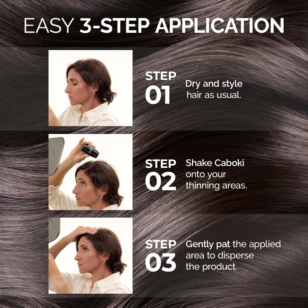 Applying Caboki fibers to crown for fuller hair appearance